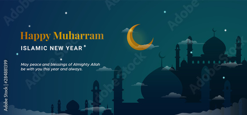 Happy muharram islamic new hijri year background. Holy great mosque silhouette with crescent moon at night scene vector illustration. Muslim community festival backdrop banner template design. photo