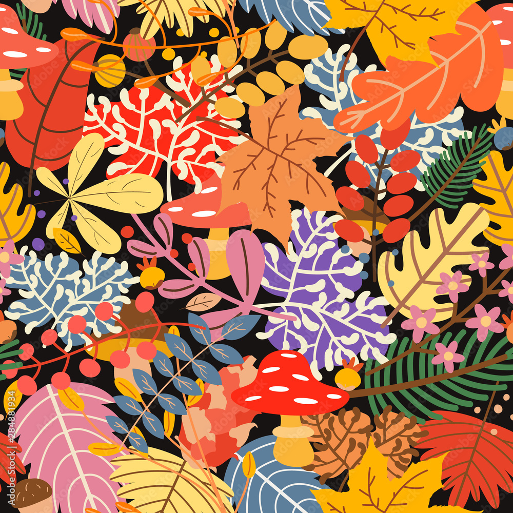 Modern hand drawn seamless pattern with different flowers and leaves. Autumn background. Vector