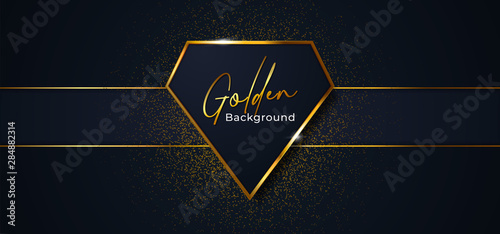 Luxury diamond shape golden badge frame vector illustration. Dark blue background with ribbon and glitter effect ornament.