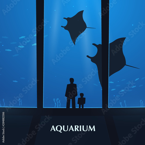 Big Aquarium, Oceanarium or Dolphinarium. People watching the underwater world.