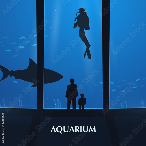 Big Aquarium, Oceanarium or Dolphinarium. People watching the underwater world.