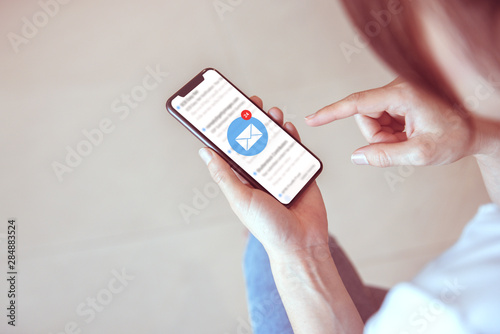 Woman recieve inbox view the pending e-mail communication, New messages on mobile smartphone.