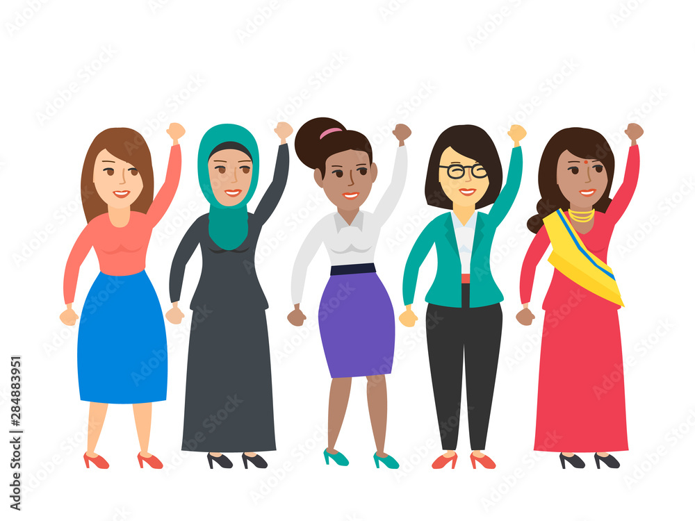 international female group with raise fist for women rights international female group with raise fist for women rights