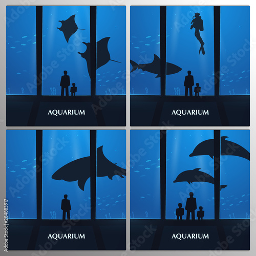 Big Aquarium, Oceanarium or Dolphinarium. People watching the underwater world.