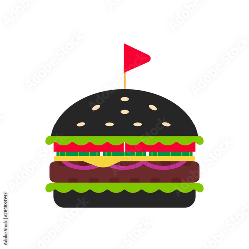 tasty burger with black bun flat illustration isolated on white background