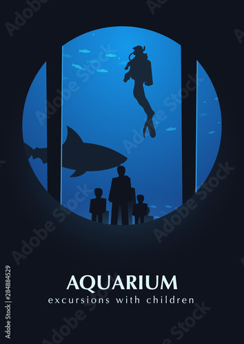 Big Aquarium, Oceanarium or Dolphinarium. People watching the underwater world.