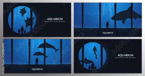 Big Aquarium, Oceanarium or Dolphinarium. People watching the underwater world.