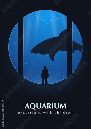 Big Aquarium, Oceanarium or Dolphinarium. People watching the underwater world.