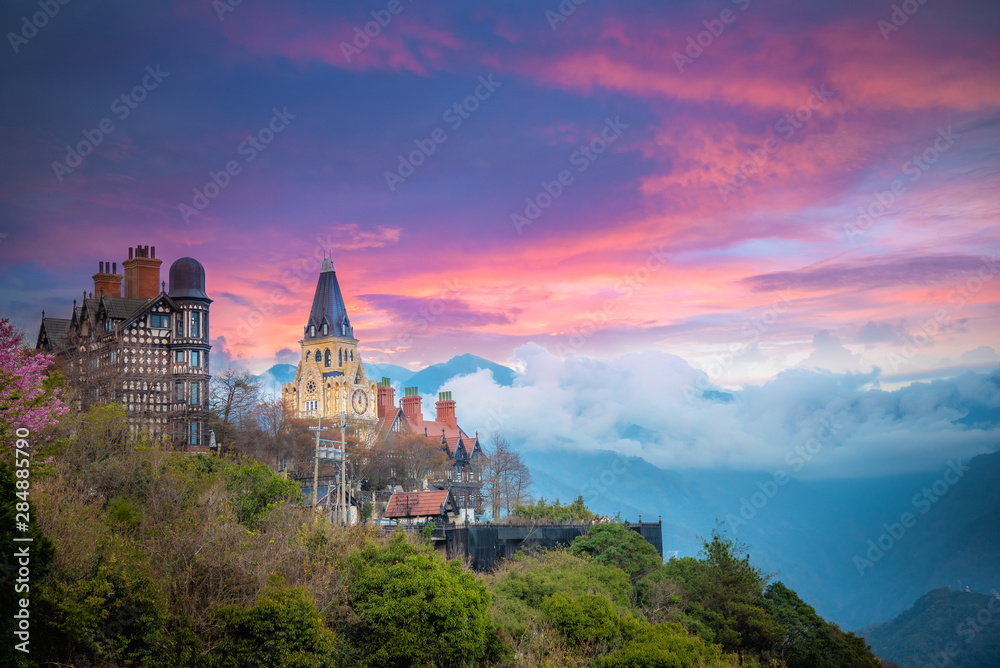 Landscape scenery view of Old England Manor with sunrise sky background, Near Cingjing Farm and Evergreen Grassland, Nantou County, Taiwan,