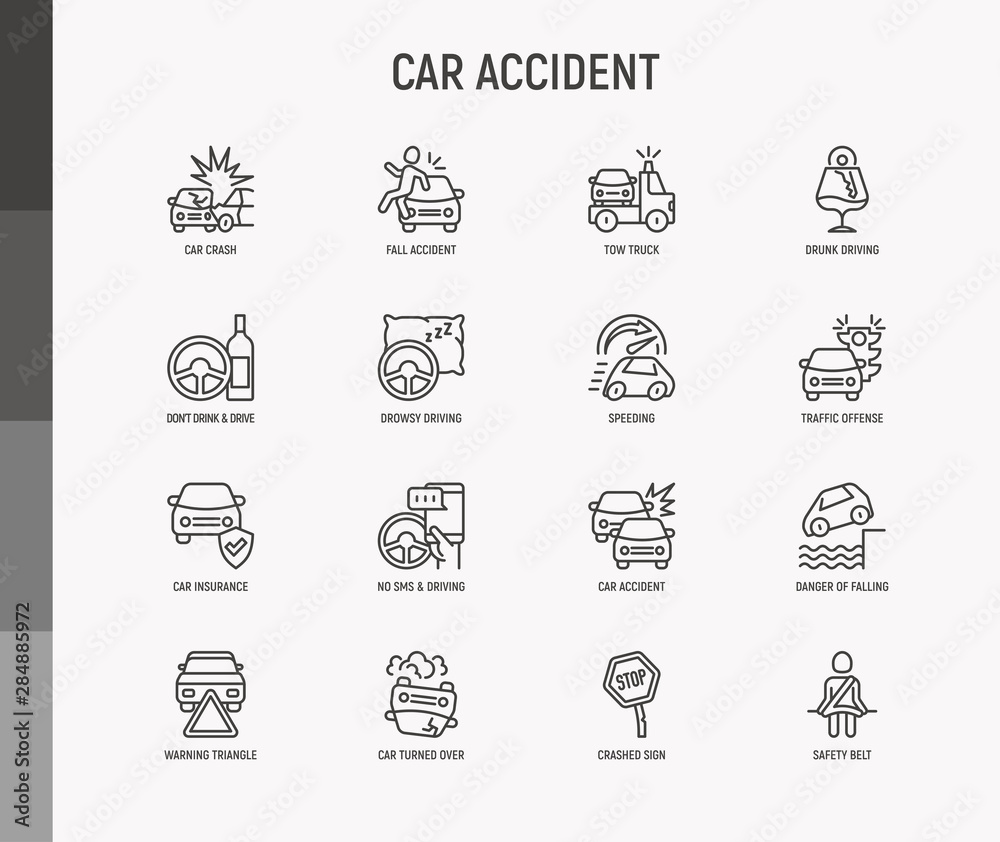 Car accident thin line icons set: crashed cars, tow truck, drunk driving, safety belt, traffic offense, car insurance, falling in water, warning triangle. Modern vector illustration. Car accident thin line icons set: crashed cars, tow truck, drunk driving, safety belt, traffic offense, car insurance, falling in water, warning triangle. Modern vector illustration.