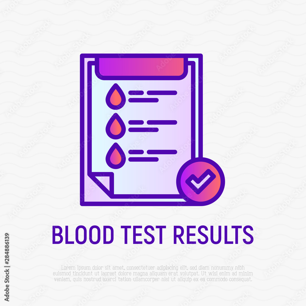 Blood test results: list with blood drop and check mark. Thin line icon. Modern vector illustration for lab research. Blood test results: list with blood drop and check mark. Thin line icon. Modern vector illustration for lab research.