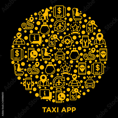 Taxi app concept in circle thin line icons: payment method, promocode, app settings, info, support service, phone number, location, pointer, route, destination, baby seat. Vector illustration.