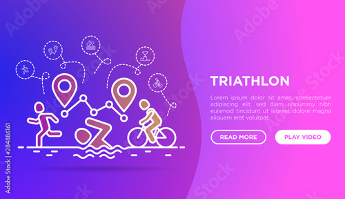 Triathlon web page template with thin line icons: runner, swimmer, cyclist and route with pointers. Modern vector illustration for sport competition.