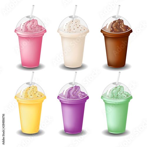 milk shake set of vector vanilla, chocolate, strawberries, banana, blueberries, kiwi on white background