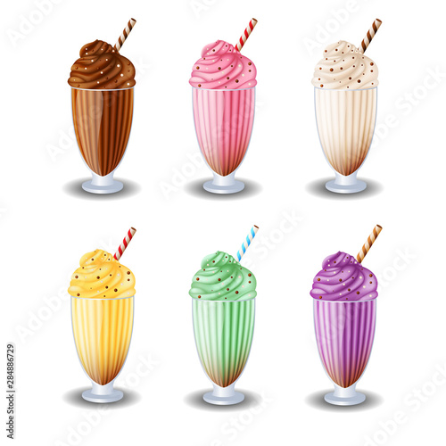 milk shake set of vector vanilla, chocolate, strawberries, banana, blueberries, kiwi on white background