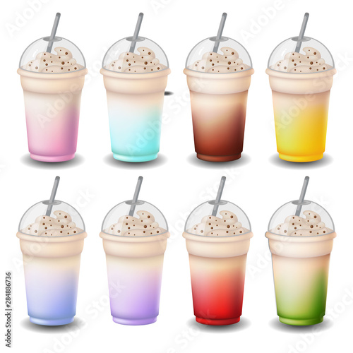 milk shake set of vector vanilla, chocolate, strawberries, banana, blueberries, kiwi on white background