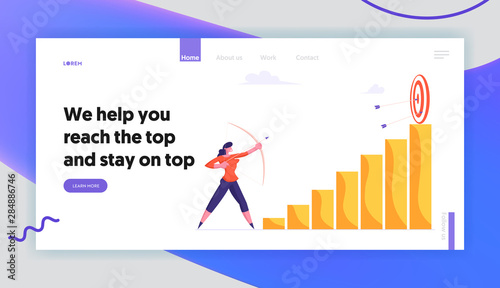 Challenge, Task Solution Website Landing Page. Businesswoman Aiming Arrow to Target Board on Top of Column Chart. Business Strategy Goals Achievement Web Page Banner. Cartoon Flat Vector Illustration,