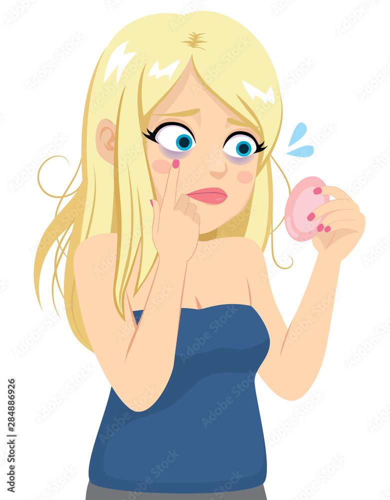 Blonde unhappy woman black eye bags looking on pocket mirror Blonde unhappy woman black eye bags looking on pocket mirror