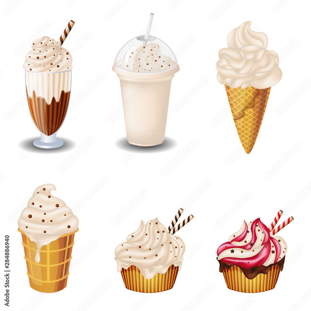 set of vanilla desserts and drinks. Cupcake, milkshakes, ice cream. on white background. set of vanilla desserts and drinks. Cupcake, milkshakes, ice cream. on white background.