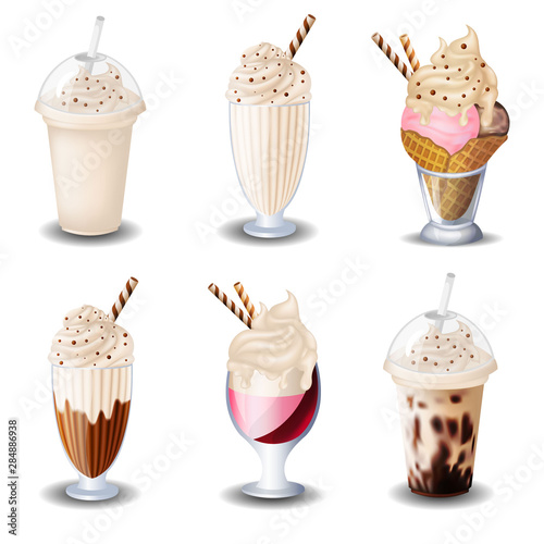 set of vanilla desserts and drinks. Cupcake, milkshakes, ice cream. on white background.