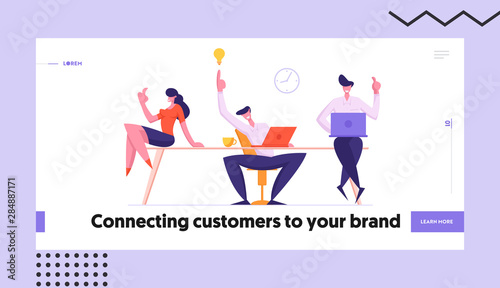 Teamwork Group Website Landing Page. Cheerful Business People Team Rejoice of New Project Creative Idea. Joyful Employees Sitting in Office Workplace Web Page Banner. Cartoon Flat Vector Illustration © Hanna Syvak