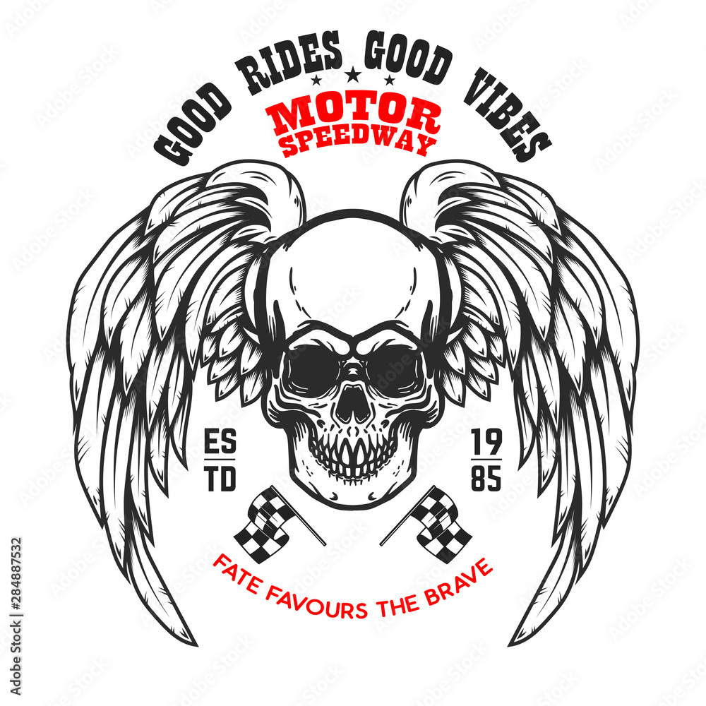 Fototapeta premium Custom motorcycles .Poster template with winged skull. Design element for poster, flyer, card, banner. Vector illustration