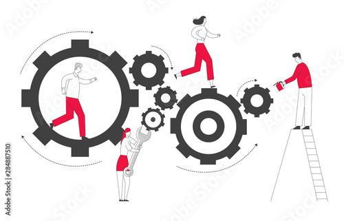 Tiny Men and Women Characters on Ladders with Repair Tools and Instruments Fixing Huge Broken Clocks and Watches Mechanism Made of Gears and Cogwheels, Time Concept. Cartoon Flat Vector Illustration