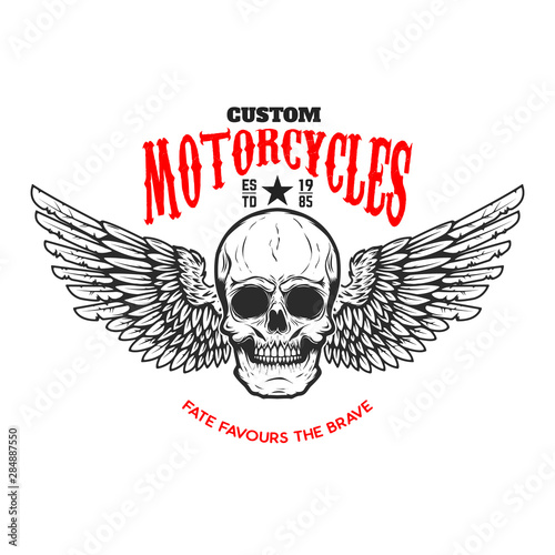 Custom motorcycles .Poster template with winged skull. Design element for poster, flyer, card, banner. Vector illustration