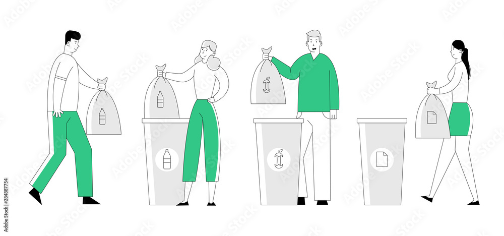 People Throw Garbage into Recycling Containers and Bags. Men and Women Collecting Trash, Recycle Environmental Plastic Pollution Problem, Ecology Protection, Cartoon Flat Vector Illustration, Line Art People Throw Garbage into Recycling Containers and Bags. Men and Women Collecting Trash, Recycle Environmental Plastic Pollution Problem, Ecology Protection, Cartoon Flat Vector Illustration, Line Art