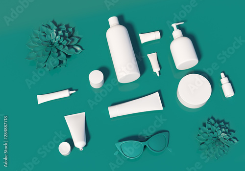 3d rendering template for beauty branding identity. Big set of white plastic bottles, tubes, cans for every cosmetic type with green plant. Organic woman skin care concept.