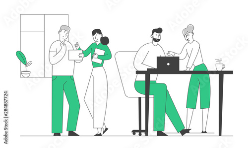 Design Team Group of Creative Men and Women Sitting at Office Desk, Characters Working in Studio Office Employees Business People Work in Company, Teamwork. Cartoon Flat Vector Illustration, Line Art