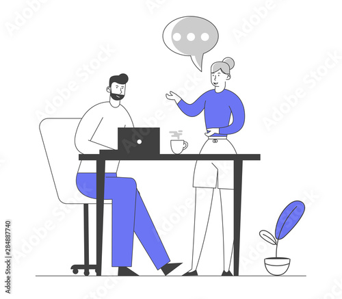 Male and Female Characters Office Employees Creative Team. Business People Working Together in Company. Cheerful Man and Woman Teamwork and Discuss Problems. Cartoon Flat Vector Illustration, Line Art