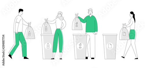 People Throw Garbage into Recycling Containers and Bags. Men and Women Collecting Trash, Recycle Environmental Plastic Pollution Problem, Ecology Protection, Cartoon Flat Vector Illustration, Line Art