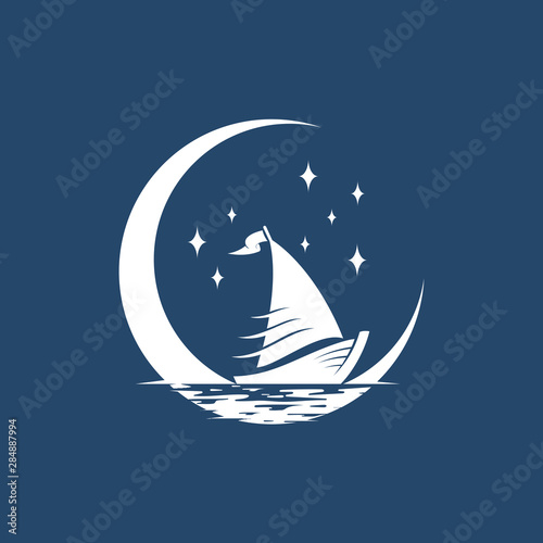 Sailboat and Moon Silhouette Logo.Flat Style.Dhow Ship Symbol.Modern Design