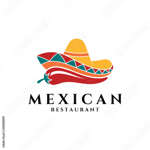 Mexican Sombrero Hat with Chili for Restaurant Business Logo.Flat Style.Spicy Food Symbol.Modern Design