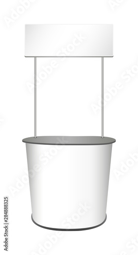 Vector blank white exhibition event presentation table with banner. Promotion retail trade stand or promotion counter display with top panel. Mockup or template isolated on a white background.