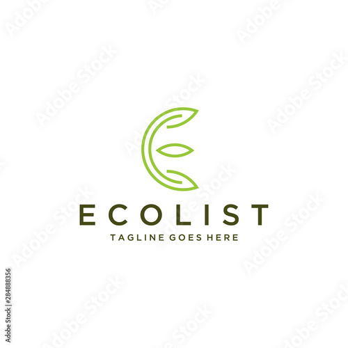 Illustration initial E sign formed with abstract leaves that look modern logo design photo