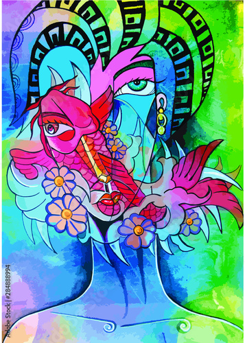 Mujer con pez koi
