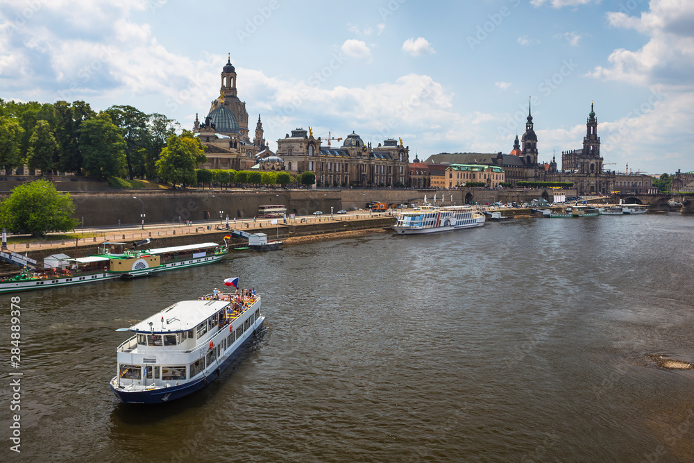 Tourist boats on the Elbe River in the old town of Dresden