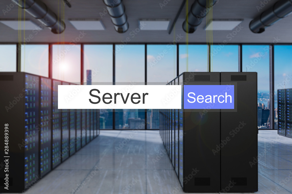 server in blue search bar large modern server room skyline view, 3D Illustration server in blue search bar large modern server room skyline view, 3D Illustration
