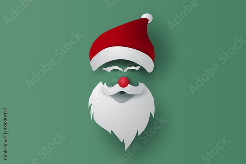 Merry Christmas and Happy New Year mask on isolate Background. Santa Claus hipster beard and hat with card.Vintage banner minimal poster design for xmas. Creative paper cut and craft style.vector.