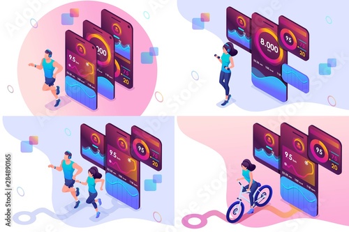 Set isometric workout concepts girls and men uses a mobile app to track your workouts. For website and mobile website development