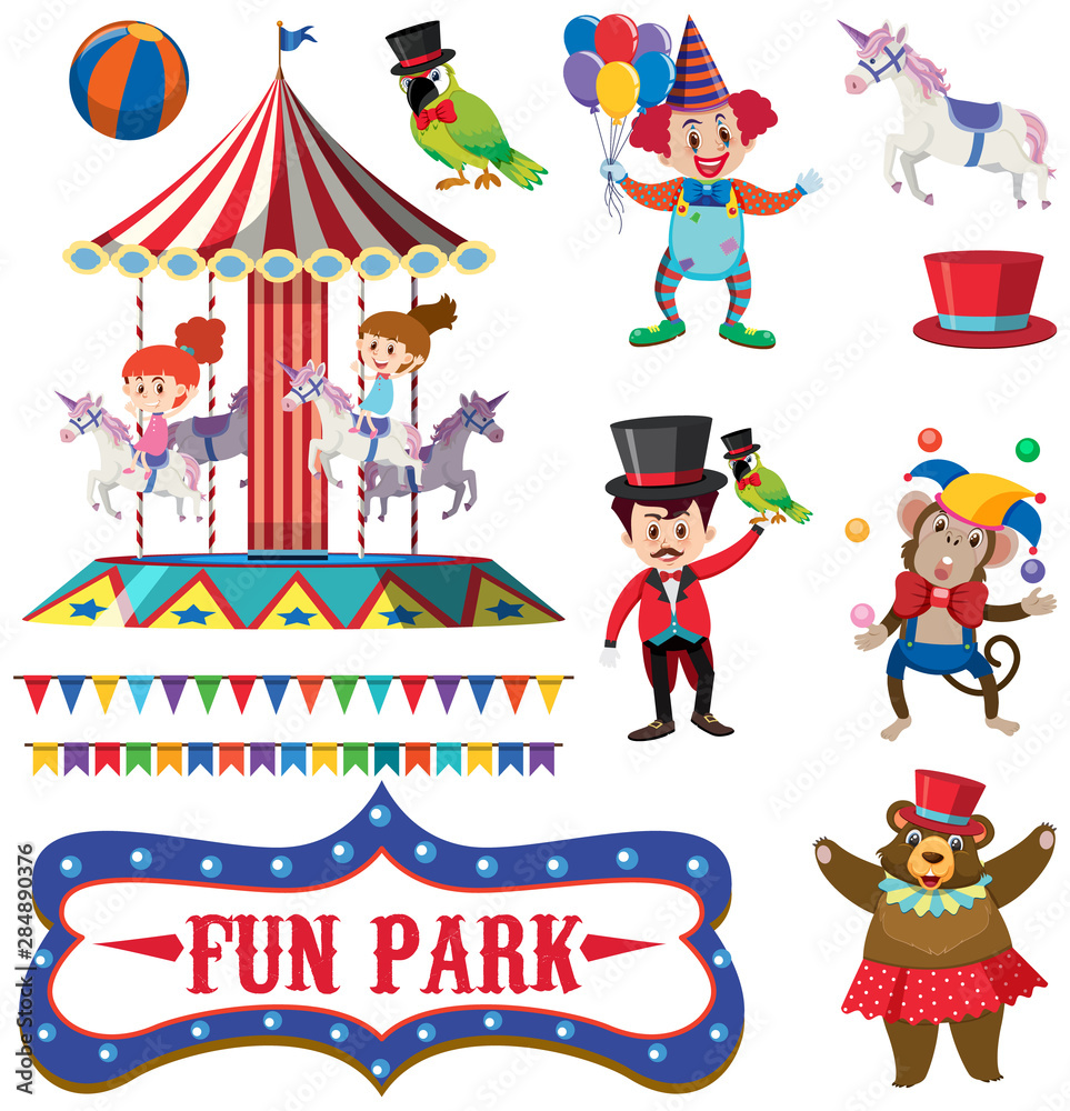Set of people at fun park on white background Set of people at fun park on white background