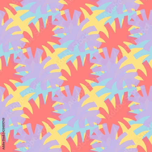 Seamless summer abstract tropical background. Used bright colors: coral, violet, yellow . Perfect for printing fabric, cover, packaging, interior. Editable vector