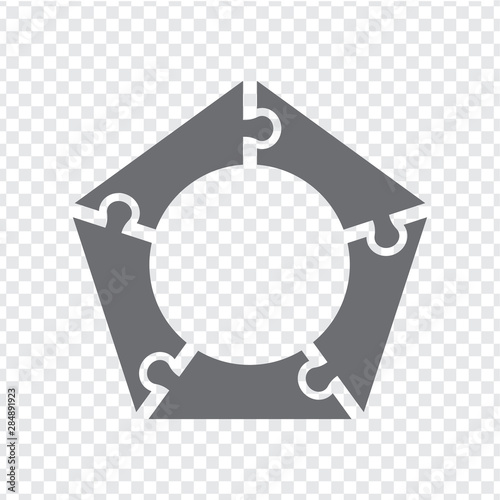 Simple icon pentagon puzzle in gray. Simple icon pentagon puzzle of the five elements  on transparent background. Flat design. Vector illustration EPS10. 