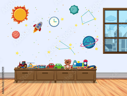 Children room with window and toys photo