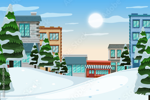 An outdoor scene with shop building