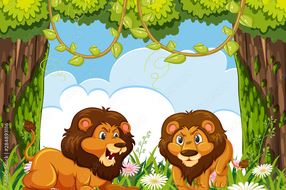 Naklejka premium Lions in jungle background