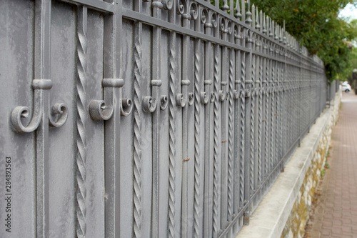 Beautiful decorative cast metal wrought fence with artistic forging.
