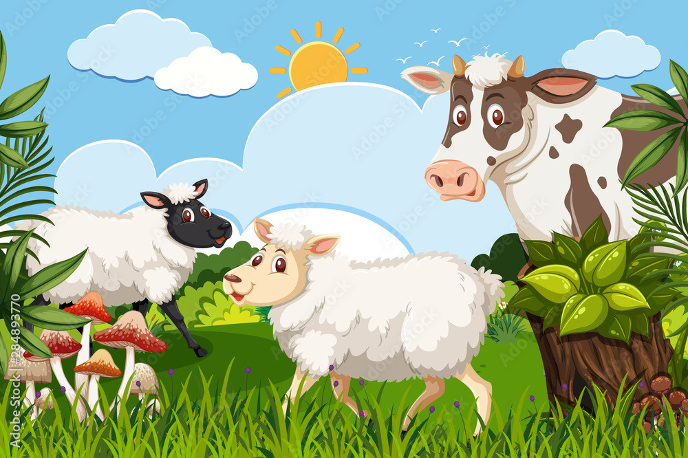 Farm animals in nature scene